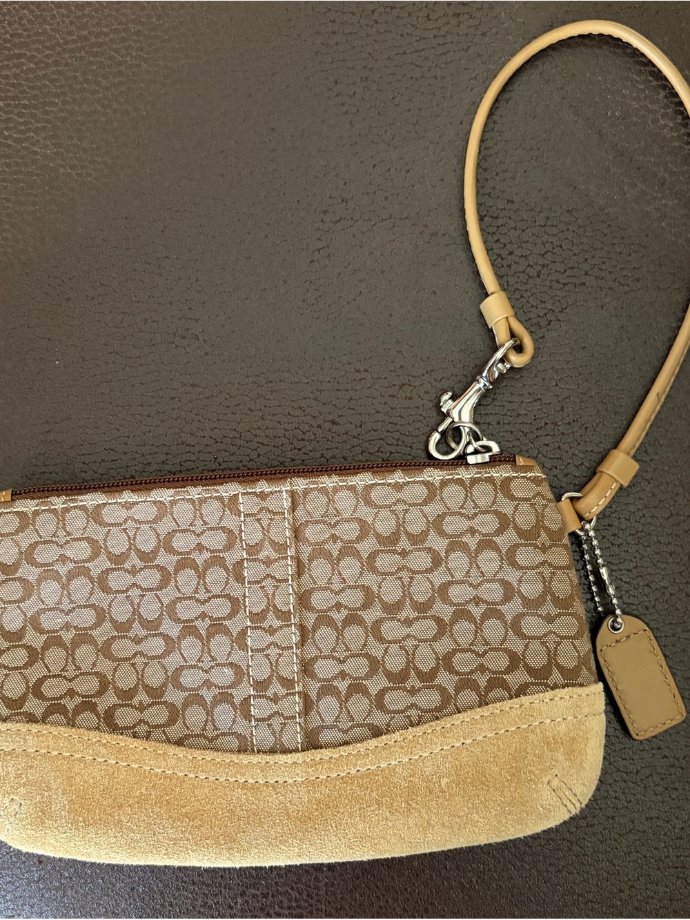 Coach Tan Signature Jacquard Wristlet with Suede Trim